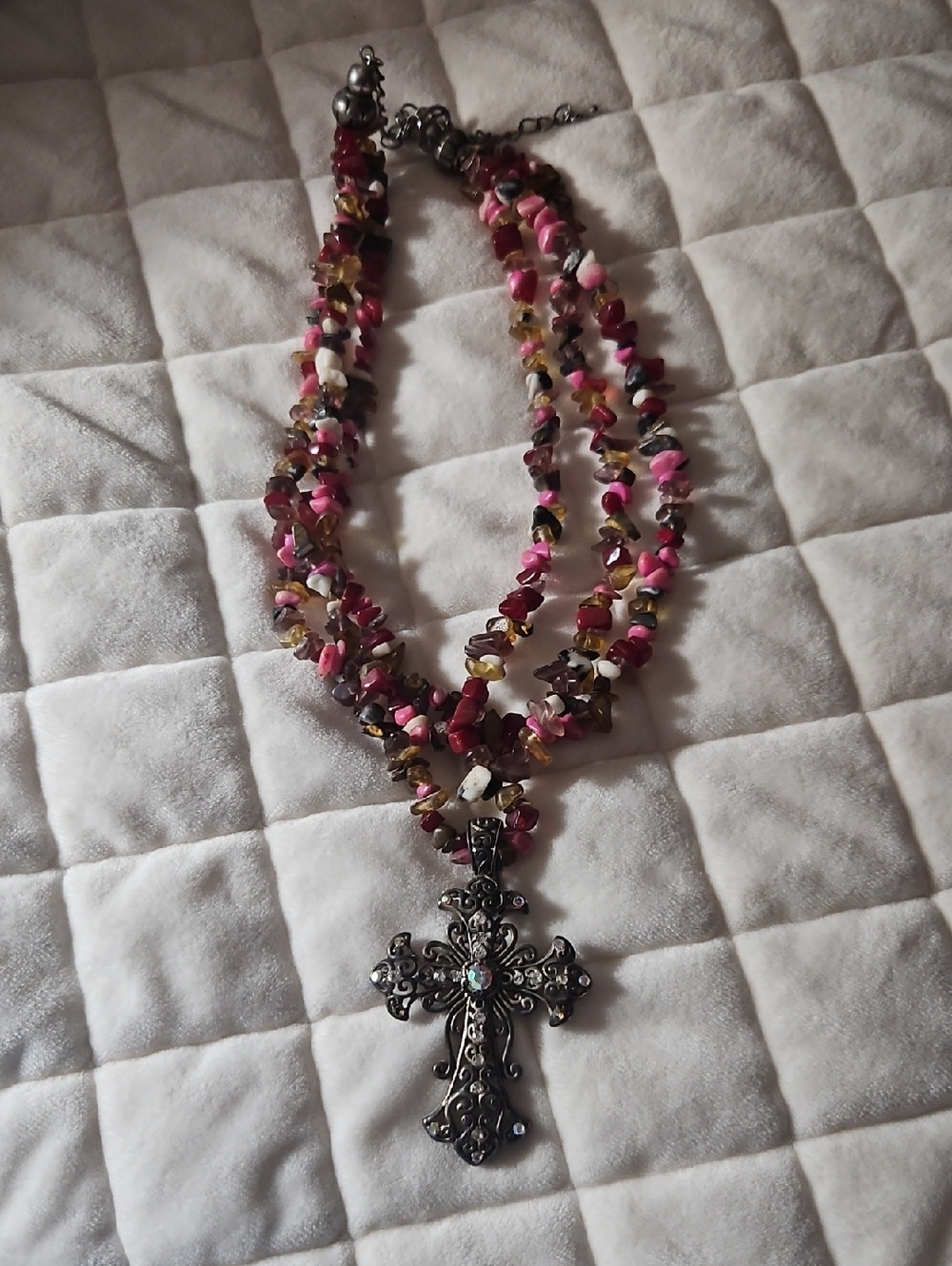 Multicolor Pink Stone Double-Strand Cross Necklace